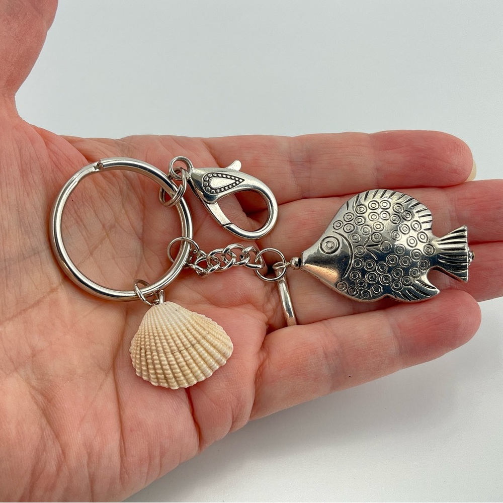 Silver Fish Key Chain, Bag Charm with Angel Wing Sea Shell Charm, Fish #4 - Picture 4 of 6